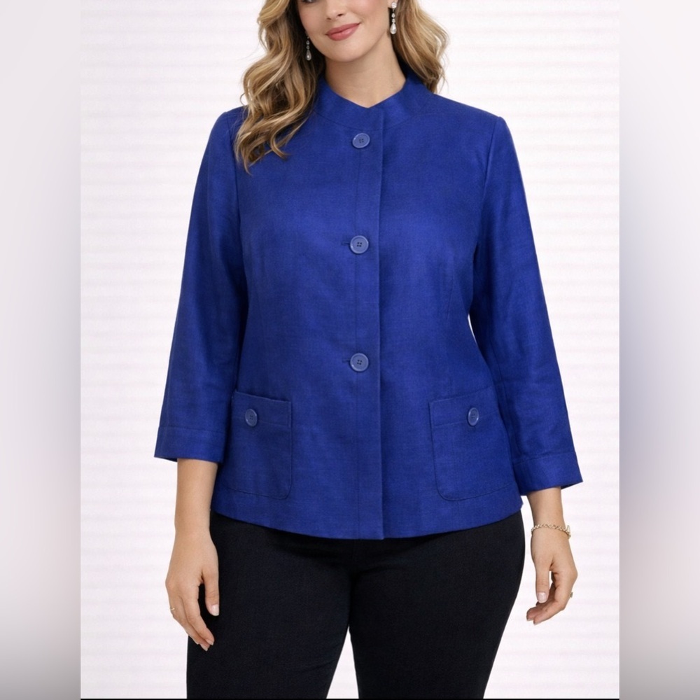 Talbots Suit Jacket Blazer 16P Cobalt Blue Linen Mandarin Collar 3/4 Sleeve NEW